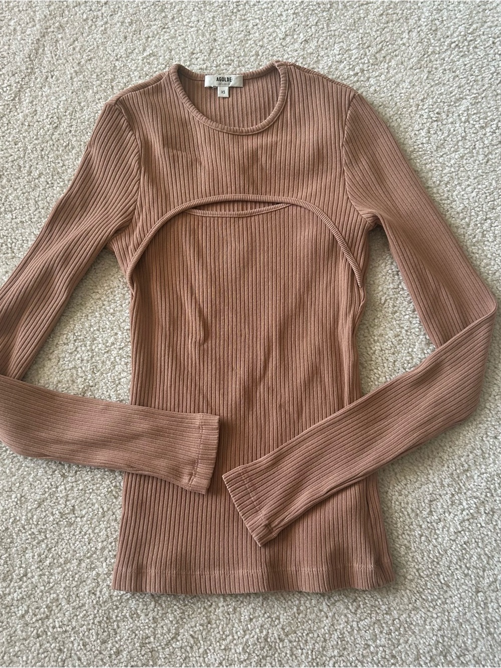 Agolde Mauve Ribbed Long-Sleeve Cutout Top